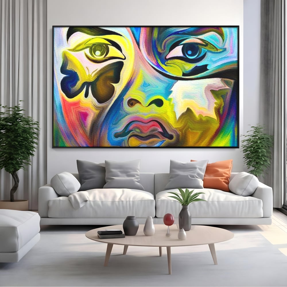 Tablou canvas cu tablou canvas cu chip abstract si fluture, in rama de aluminiu negru, pe perete intr-un living